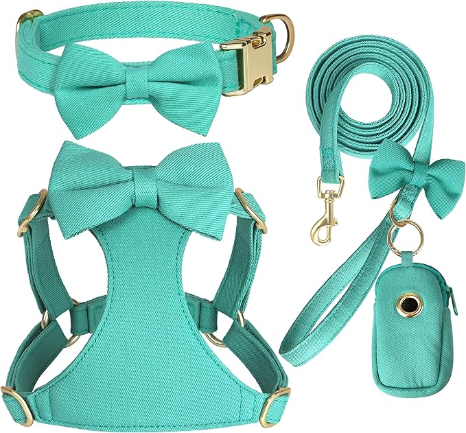 Beirui Adorable Small Dog Harness Collar and Leash Set,Cute Puppy Harness Set with 3 Bows for Small Dogs,Shih Tzu,Dachshund,Adjustable Step-in Vest for Daily Walking,Parties&Holiday Outfits(Teal,S)