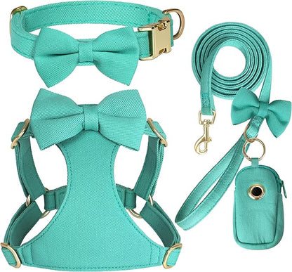 Beirui Adorable Small Dog Harness Collar and Leash Set,Cute Puppy Harness Set with 3 Bows for Small Dogs,Shih Tzu,Dachshund,Adjustable Step-in Vest for Daily Walking,Parties&Holiday Outfits(Teal,S)