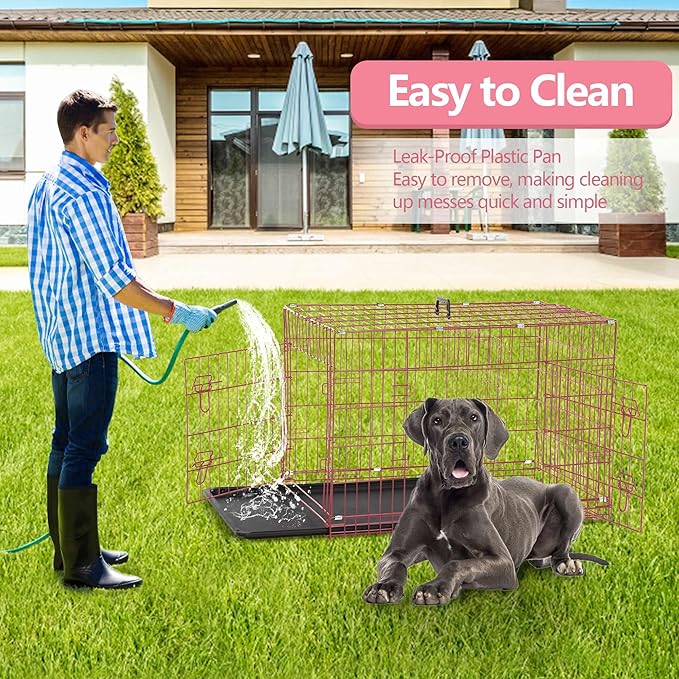 Dog Crate, 24/30/36/42/48 Inch Dog Crates for Small Medium Large Dogs Indoor, Folding Metal Dog Kennel Dog Cage with Double-Door, Divider Panel, Removable Tray, Locks and Handle, (48 Inch, Pink)