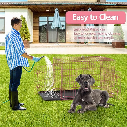 Dog Crate, 24/30/36/42/48 Inch Dog Crates for Small Medium Large Dogs Indoor, Folding Metal Dog Kennel Dog Cage with Double-Door, Divider Panel, Removable Tray, Locks and Handle, (48 Inch, Pink)
