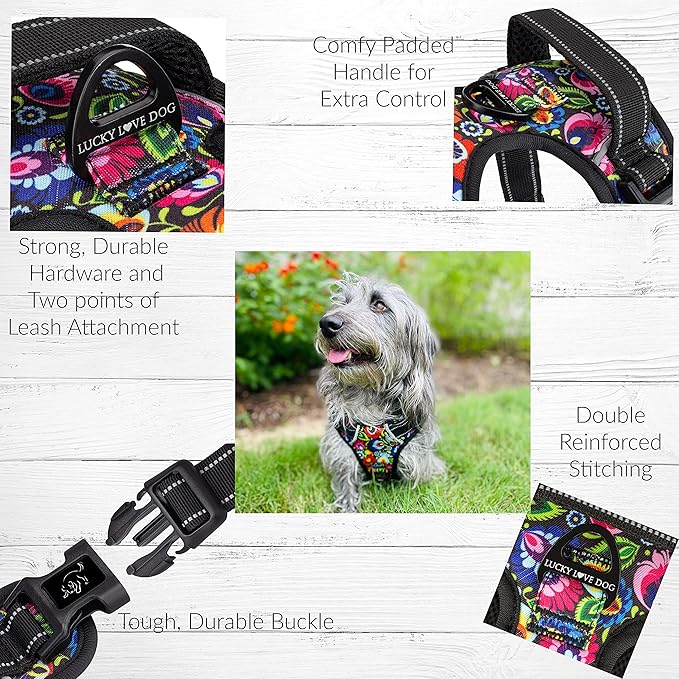 Lucky Love Dog No Pull Dog Harness, Adjustable and Easy to Walk, Cute Patterned Harness for Small Male & Female Dogs - Blackbird, XS
