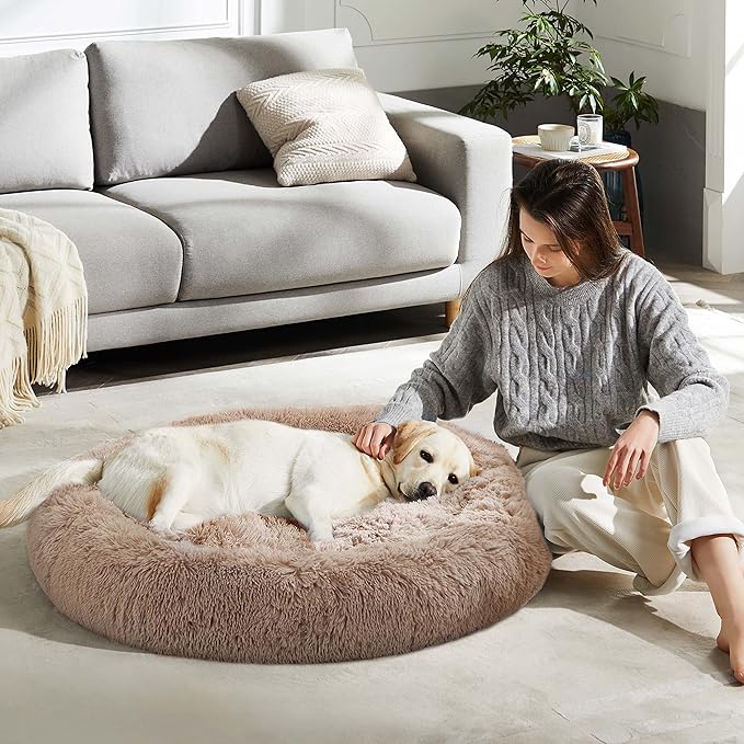 WESTERN HOME WH Calming Dog Beds Large Sized Dog - Donut Fluffy Pet Bed, Round Faux Fur Plush Bed