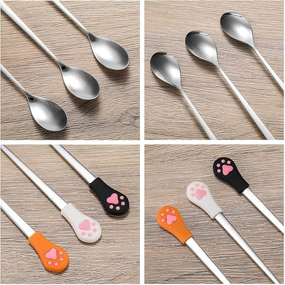 Patelai 6 Pieces Dog Can Spoon Stainless Steel Pet Dog Food Spoon with 7 Inch Long Handle Cat Canned Food Scoop with Cute Cat Claw Pattern for Pet