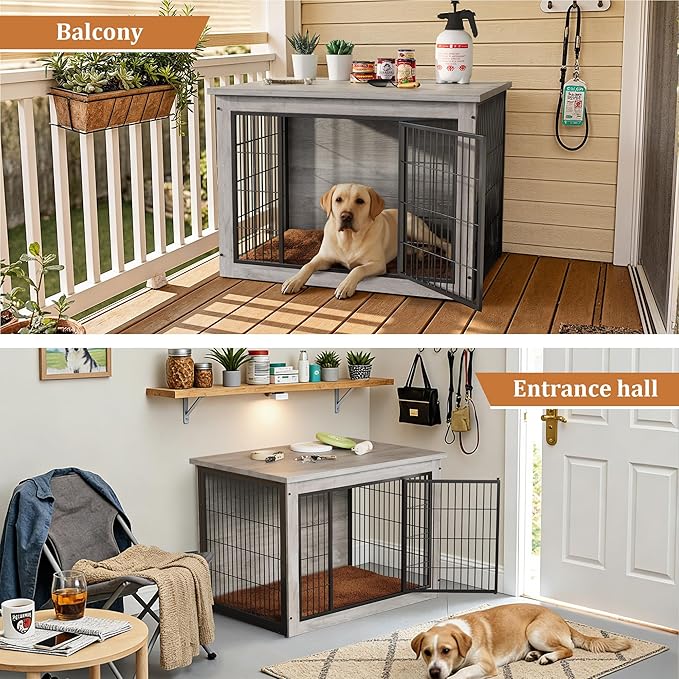Greesum Modern Dog Crate Furniture That Doubles as a Side Table - Sturdy Wooden Kennel with Double Door Design, Equipped with Soft Cushion & Chew-Resistant Resign, Suitable for Dogs