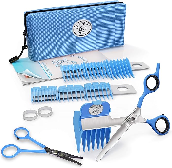 Scaredy Cut NO Buzz Dog Clippers, Tiny Trim Safety Scissor. A Silent Low Noise Pet Grooming Clipper, Right Handed Blue