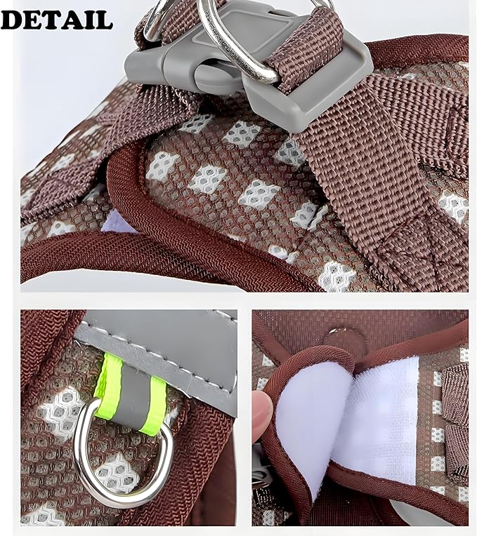 Small Dog Harness and Leash Set, Step in No Pull Adjustable Reflective Pet Harness, Soft Mesh Plaid Vest Harnesses for Small Dogs & Cats Easy Walk Outdoor Hiking Running, Chocolate XS