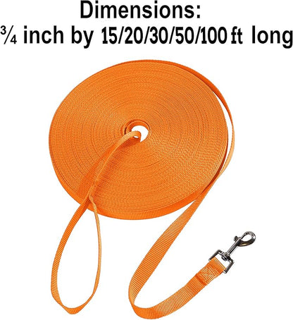 Hi Kiss Dog/Puppy Obedience Recall Agility Lead - 15ft 20ft 30ft 50ft 100ft Leash - Great for Training, Play, Camping, or Backyard - Orange 20ft