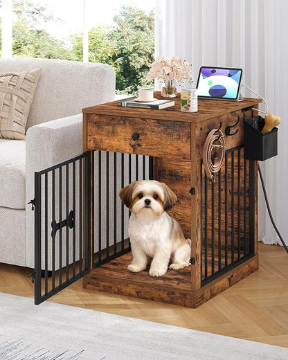Hzuaneri 24.6'' Dog Crate Furniture with Charging Station, Dog Kennel Indoor with Flip-Top Storage, Wooden Pet Cage Dog House End Side Table for Small Dog Anti-Chew Anti-Escape, Rustic Brown DFC90101B