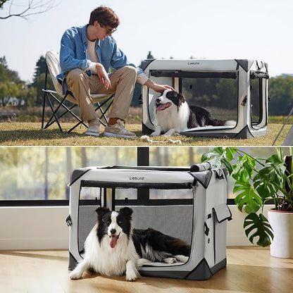 Lesure Collapsible Dog Crate - Portable Travel Kennel for Large Dog, 4-Door Pet Crate with Mesh Windows, Indoor & Outdoor, Light Gray