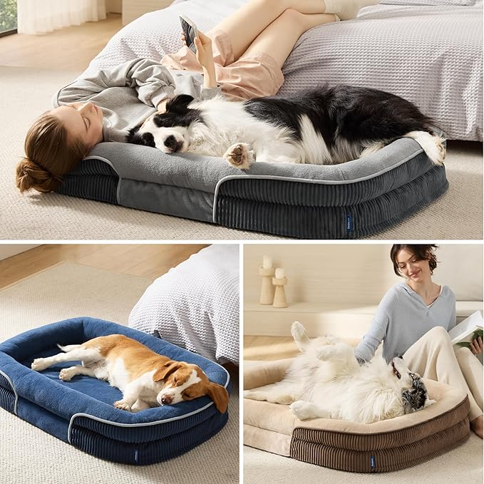 Bedsure Orthopedic Dog Beds Large Sized Dog - 360° Oval Bolster Large Dogs Bed for Senior Dogs with Waterproof Washable Cover, Big Comfort Pet Sofa Couch with Ultra-Soft Fleece, Navy Blue, 35"