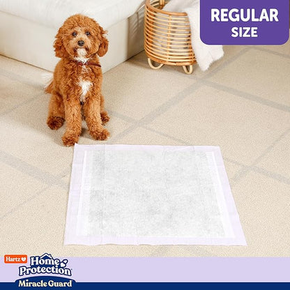 Hartz Miracle Guard Dog and Puppy Dog Pads Max Absorbency 24 Hour Use Odor Eliminating Lavender Scented No Leaks, Regular Size 50 Count