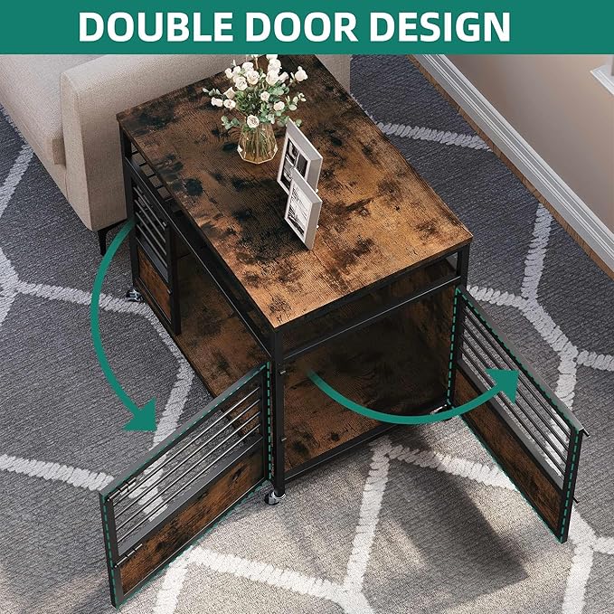 YITAHOME 32" Dog Crate Furniture with Wheels, Farmhouse Decorative Wood Dog Cage End Table Chew-Resistant Wooden Dog Kennel Indoor for Small Dogs, Rustic Brown