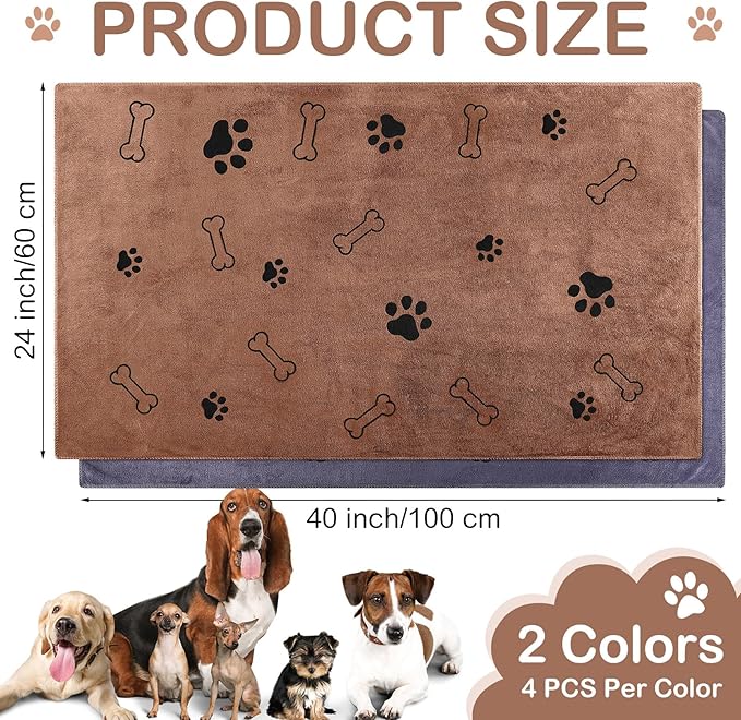 Chumia 8 Pcs Dog Towels for Drying Dogs Cats Pet Towels Bulk Puppy Microfiber Fast Drying Paw Bath Bathing Supplies Absorbent for Medium Pets(40 x 24 Inch,Dog Paw and Bone,Brown, Gray)