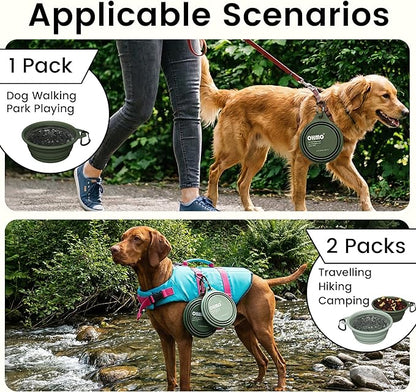 OHMO Collapsible Dog Water Bowls w/Built-in Stainless Steel Ring – 2pcs Large 27oz/800ml Portable Silicone Pet Feeding Bowl for Hiking, Camping, Travel