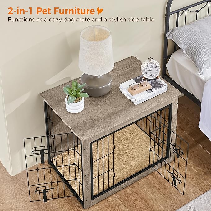 Yaheetech 32'' Dog Crate Furniture, Side End Table w/Cushion, Double Doors, Adjustable Feet, Wooden Kennel Cage for Small/Medium Dogs, Indoor Outdoor