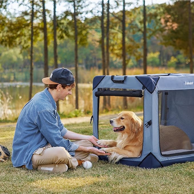 Lesure Collapsible Dog Crate - Portable Travel Kennel for Extra Large Dog, 4-Door Pet Crate with Mesh Windows, Indoor & Outdoor, Blue