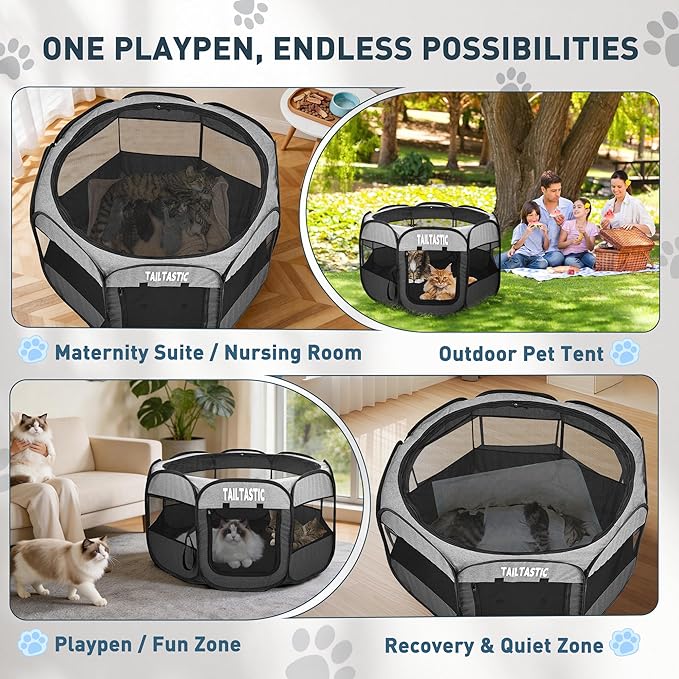 Large Cat Playpen for Multiple Cats, Extra Spacious Pet Tent Playground, Portable Dog Exercise Pen with Room for Toys & Bed, Indoor/Outdoor Enclosure for 2-3 Pets (Light Grey, Large)