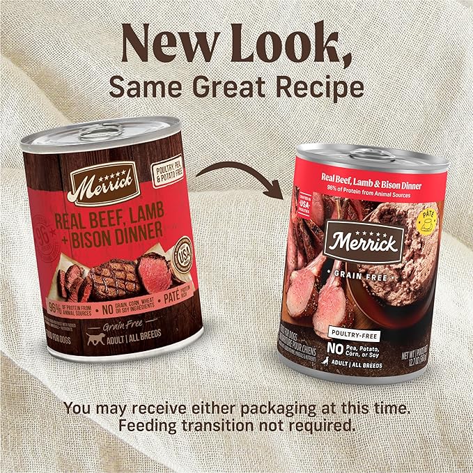 Merrick Grain Free Premium and Natural Canned Dog Food, Soft & Healthy Poultry Free Wet Recipe, Real Beef Lamb and Bison - 12.7 oz. Cans, (Pack of 24)