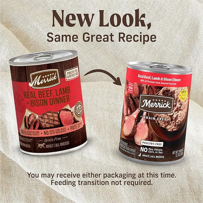 Merrick Grain Free Premium and Natural Canned Dog Food, Soft & Healthy Poultry Free Wet Recipe, Real Beef Lamb and Bison - 12.7 oz. Cans, (Pack of 24)