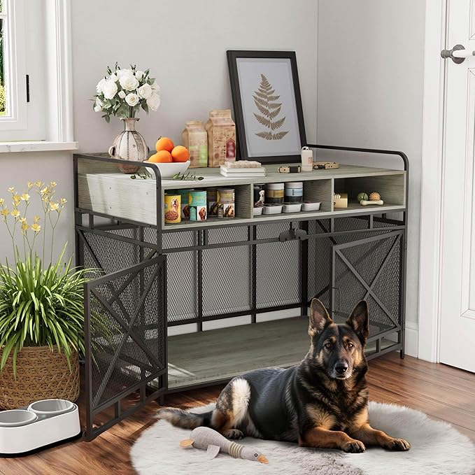 Fulhope Dog Crate Furniture, 48" Heavy Duty Wooden Dog Crate End Table, XL Dog Kennel Furniture Large Breed, Decorative Dog Kennel Indoor with 3 Drawers & Steel Tubes 48" L x28 W x36 H (Grey)