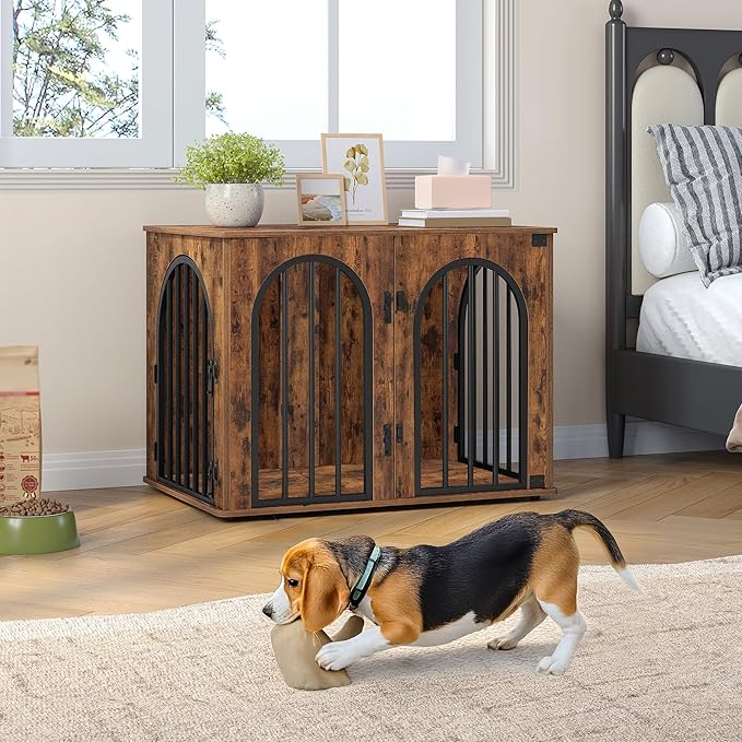 Hzuaneri 31.5'' Wooden Dog Crate Furniture, Indoor Dog Kennel Dogs Cage for Small/Medium Dogs, Heavy Duty Dog Crates Decorative Pet House End Side Table TV Stand, Rustic Brown DFC85101B