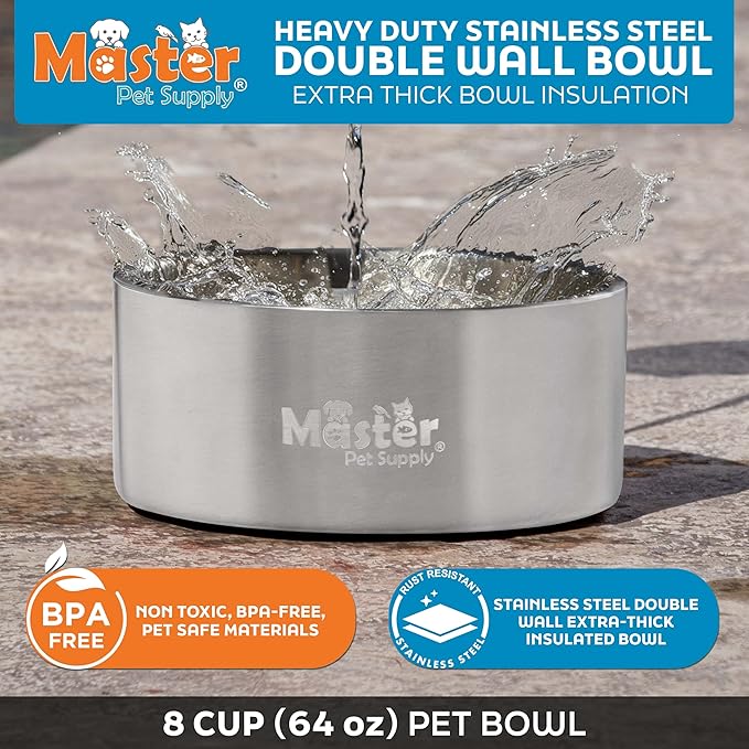 Master Pet Supply Stainless Steel Dog Bowls - 64 oz, Heavy Duty - Stainless Steel, Double Wall Extra-Thick Insulated, Non-Slip Pet Water Bowl for Dogs, Cats & Pets, Anti Rust Metal, Dish Washer Safe