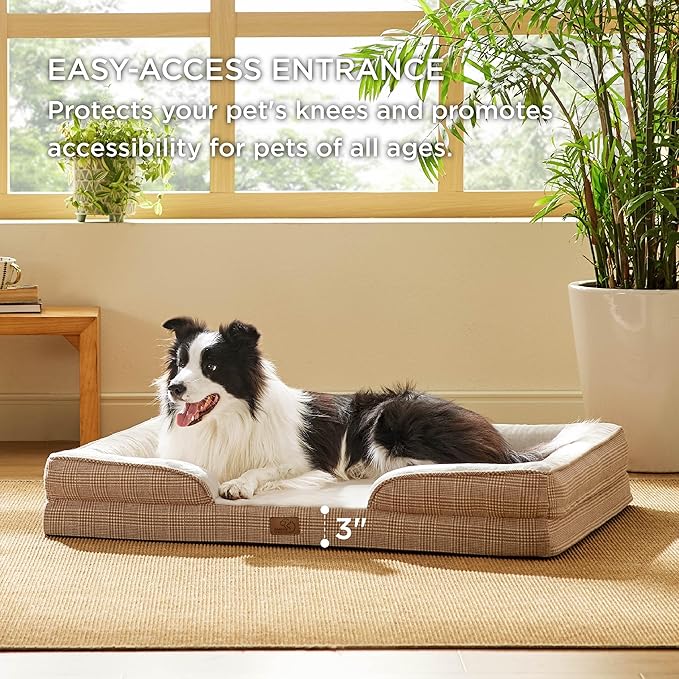 Bedsure L Plus Orthopedic Dog Bed for Large Dogs - Washable Dog Cat Bed Waterproof, L Plus Big Comfort Dogs Couch Sofa with Washable Removable Cover, Pet Bed with Nonskid Bottom, Plaid-Brown, 38"