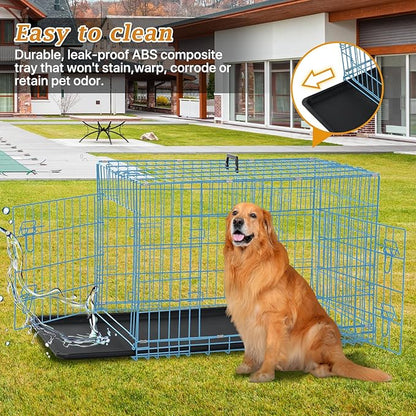 Dog Crate for Large Medium Dogs Folding Dog Kennel Cage with Plastic Tray & Divider 48" Indoor Outdoor Metal Double Door Pet Playpen Heavy Duty Dog Pen Enclosure Blue