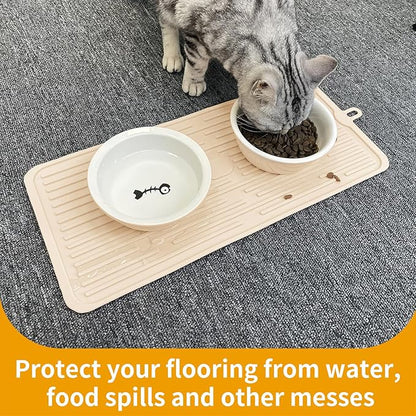 Ptlom Pet Placemat for Dog and Cat, Anti-Slip Waterproof Dogs Feeding Mat Prevent Food and Water Overflow, Bowl Mats Suitable for Medium and Small Pets, Beige, Silicone