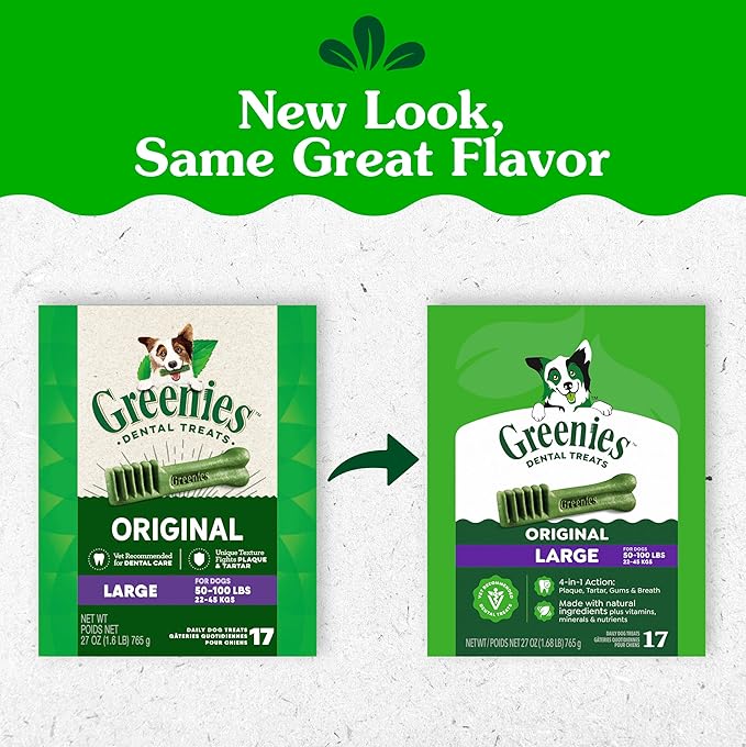 Greenies Veterinarian-Recommended Adult Natural Dental Dog Treats Large Size, Dog Dental Chews, Original Flavor, 27 oz. Pack, 17 Count