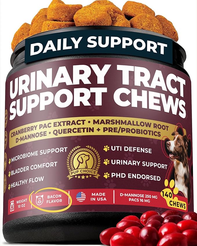 Dog UTI Chews – Cranberry Supplement for Dogs – Urinary Tract Support & Bladder Control – Cranberry PAC + D-Mannose, Marshmallow Root, Quercetin + Probiotics – 140 Chews
