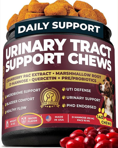 Dog UTI Chews – Cranberry Supplement for Dogs – Urinary Tract Support & Bladder Control – Cranberry PAC + D-Mannose, Marshmallow Root, Quercetin + Probiotics – 140 Chews