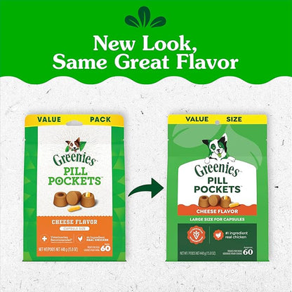Greenies Pill Pockets for Dogs Large Size, Dog Treat Pouch for Capsule Medication, Cheese Flavor, 15.8 oz. Pouch