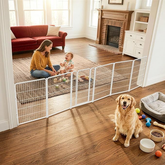 FXW Dog Gate Extra Wide Designed for Indoor Use, Adjustable Width Up to 165-inch Wide (40" H 6 Wire Panels for Medium and Large Dogs), White