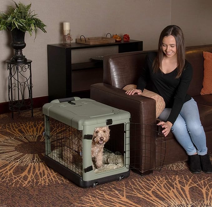 Pet Gear “The Other Door” 4 Door Steel Crate with Plush Bed + Travel Bag for Cats/Dogs, Sage, 27 Inch, (PG5927BSG)