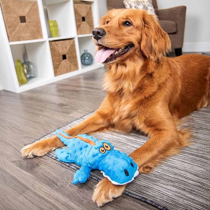 goDog Gators Squeaky Plush Dog Toy with Chew Guard Technology, Durable Fabric & Squeaker for Active Play, Blue, Large