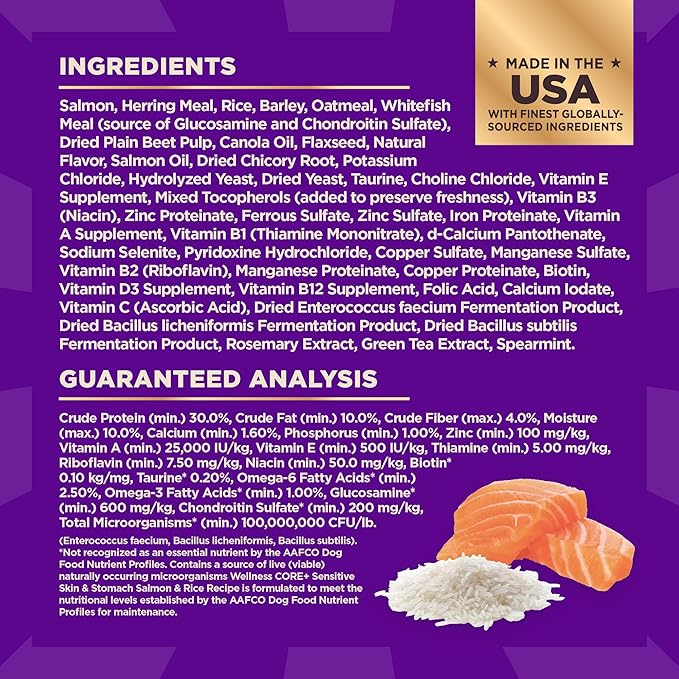 Wellness CORE+ Sensitive Skin and Stomach Adult Dry Dog Food with Freeze Dried Pieces, Wholesome Grain Kibble+, Natural, High Protein, Chicken Free, Salmon and Rice Recipe, 18 lb Bag
