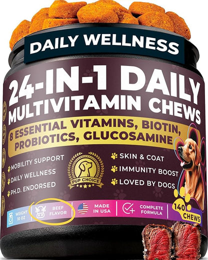 24-in-1 Daily Multivitamin Dog Chews – Joint, Skin & Coat, Digestion & Immunity Support – Glucosamine, Omega-3, Probiotics for Gut Health – PhD-Endorsed, 140 Chews, Beef Flavor