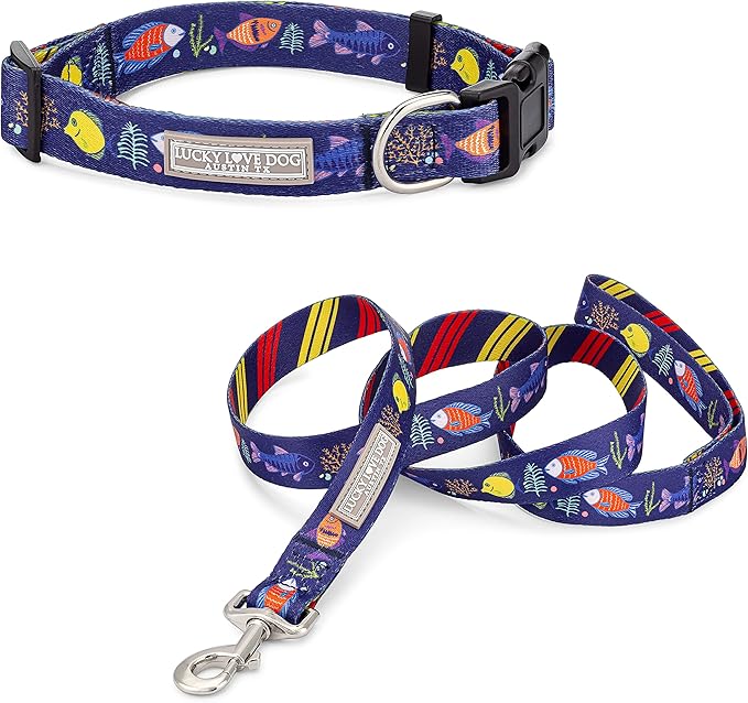 Lucky Love Dog - Easy Click Buckle Dog Collar with Leash Set Combo, Durable & Comfortable for Male & Female Dogs, Pet Collar for Small Dogs, Secure Fit - Mackey Combo, Small