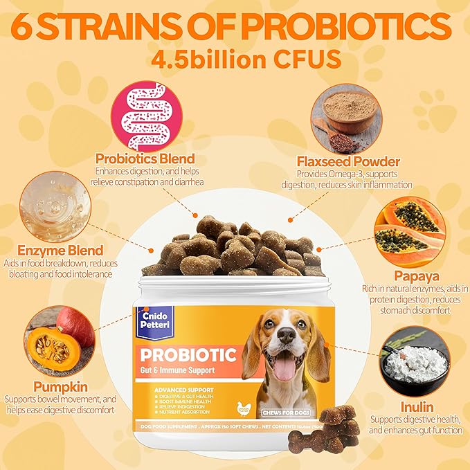 Probiotics for Dogs,6 Digestive Probiotics & 6 Enzymes for Gut Health,Digestion & Gut Support,Helps Diarrhea, Yeast Infection, Upset Stomach,Allergies & Immune System Suppor-300Chews
