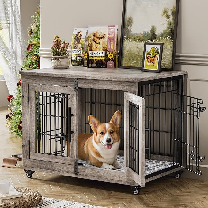 Lulive Dog Crate Furniture for Medium Dogs, 32'' Dog Kennel Indoor with Cushion & Wheels Wooden Dog Cage Double Doors Dog Crate End Table, Grey