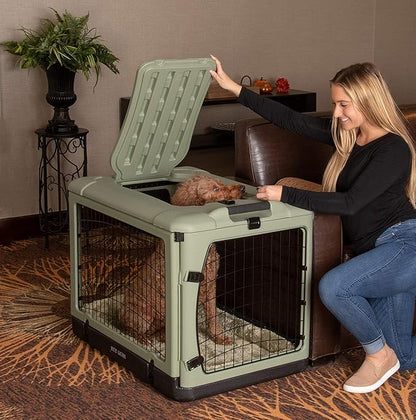 Pet Gear “The Other Door” 4 Door Steel Crate for Dogs/Cats with Garage-Style Door, Includes Plush Bed + Travel Bag, No Tools Required, Willow, 36 Inch