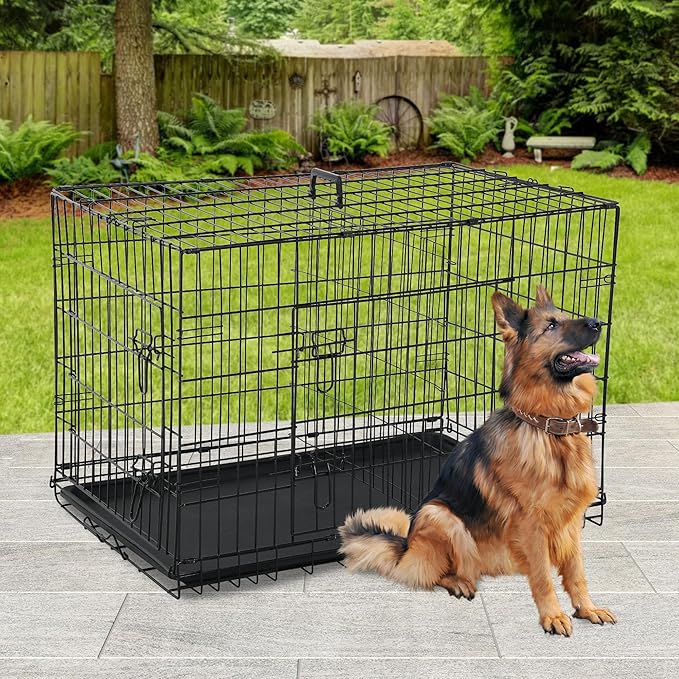 BestPet | 42" Dog Crate | Black | Foldable Metal Kennel with Double Doors, Secure Slide-Bolt Latches, Leakproof Tray | Portable Dog Cage for Large Breeds | for Travel, Indoor & Outdoor Use