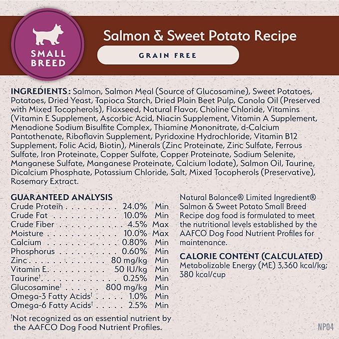 Natural Balance Limited Ingredient Grain Free Salmon & Sweet Potato Dry Dog Food for Small Breed Adults, Sensitive Stomach, 12 lb