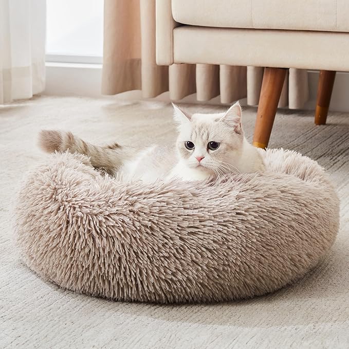 Calming Dog Bed & Cat Bed, Anti-Anxiety Donut Cuddler Warming Cozy Soft Round Fluffy Faux Fur Plush Cushion Bed for Small Medium Dogs and Cats (20"/24"/27"/30")