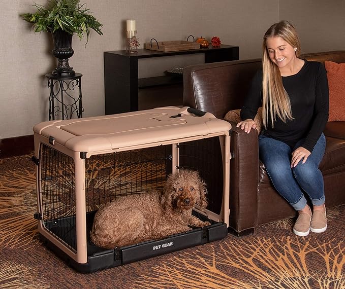 Pet Gear “The Other Door” 4 Door Steel Crate for Dogs/Cats with Garage-Style Door, Includes Plush Bed + Travel Bag, No Tools Required, Beige, 36 Inch