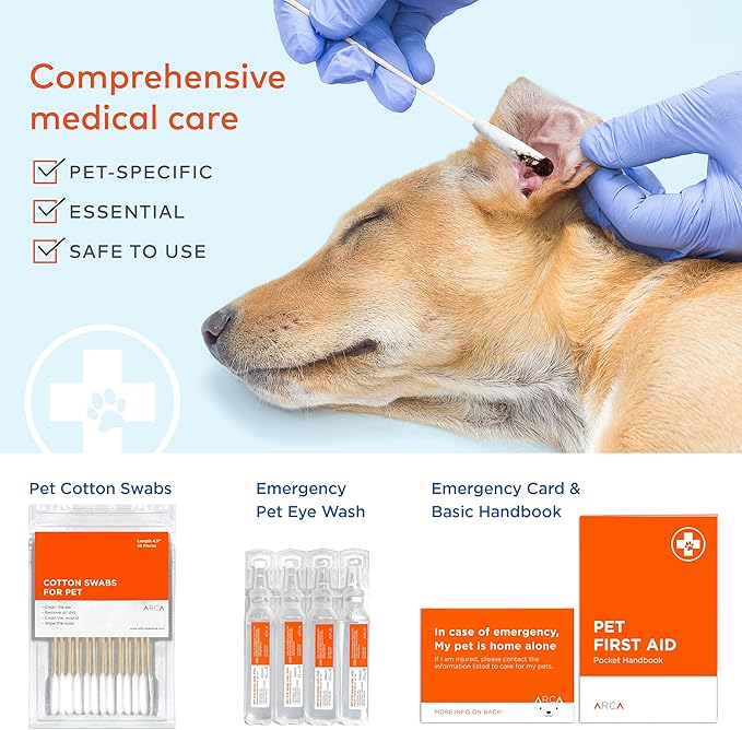 ARCA PET Cat & Dog First Aid Kit - High Visibility Reflective Zipper with Fluorescent Letter Print - 100 pcs with Dog Thermometer, Tick Remover Kit & Pet First Aid Kit Manual Book