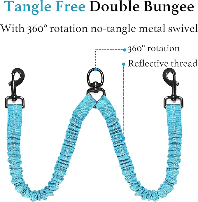 iYoShop Dual Dog Leash - 360° Swivel, No Tangle Walking Leash with Shock Absorbing Bungee for Two Dogs (Large, 25-150 lbs, Blue)