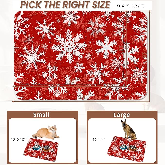 Christmas Dog Food Mat for Floors,Snowflake Absorbent Pet Food and Water Bowl Mats,Non-Slip Pet Feeding Mat,Pet Supplies 12" x 20"