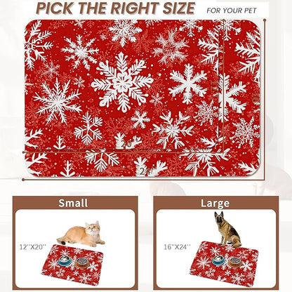 Christmas Dog Food Mat for Floors,Snowflake Absorbent Pet Food and Water Bowl Mats,Non-Slip Pet Feeding Mat,Pet Supplies 12" x 20"